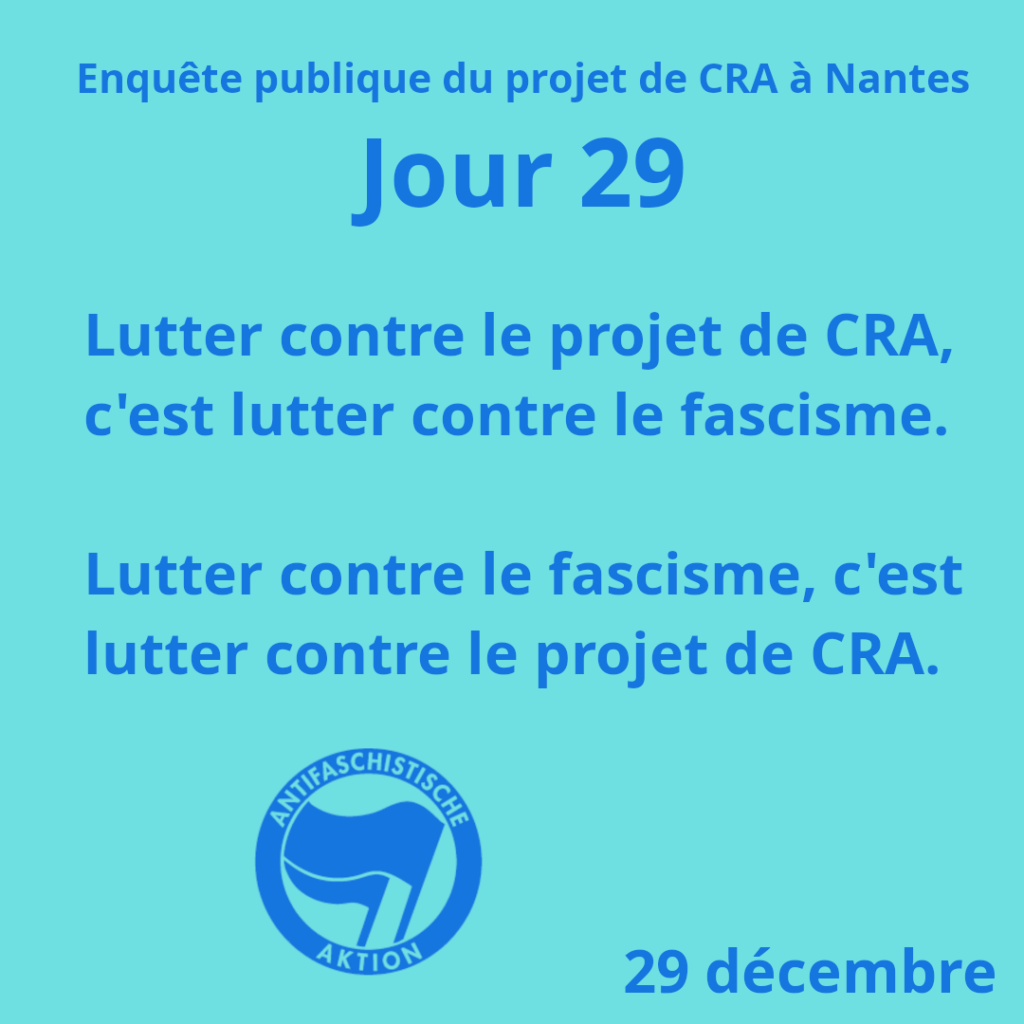 Jour 29.

Lutter contre le projet de CRA, c'est lutter contre le fascisme.

Lutter contre le fascisme, c'est lutter contre le projet de CRA.