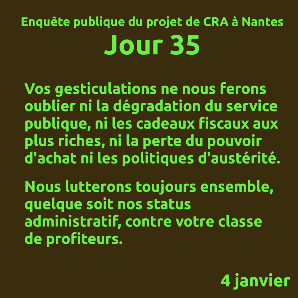 Jour 35.
Vos gesticulations ne nous ferons oublier ni la dégradation du service publique, ni les cadeaux fiscaux aux plus riches, ni la perte du pouvoir d'achat ni les politiques d'austérité.

Nous lutterons toujours ensemble, quelque soit nos status administratif, contre votre classe de profiteurs.